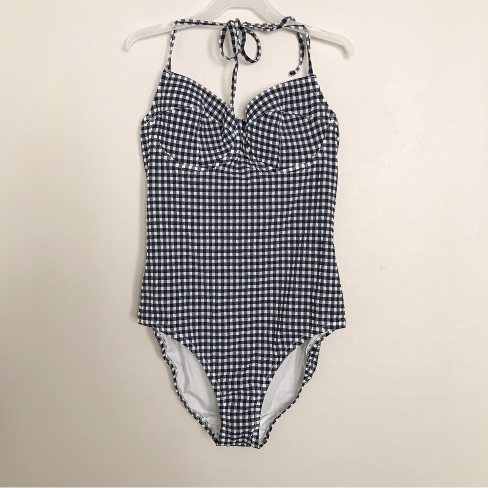J.Crew Navy Blue Textured Seersucker Gingham One Piece Swimsuit Size 8